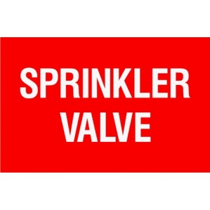 A bright red sign with bold white letters that reads "EM80 Signs of Safety Sprinkler Valve Signs," categorized under emergency signage.