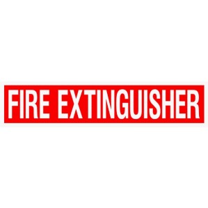 Red rectangular self adhesive sticker with bold white text reading "EM82 Signs of Safety Fire Extinguisher signs" by signsofsafety.