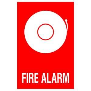A graphic image of a EM87 Signs of Safety Fire Alarm sign featuring a white circle, representing the alarm bell, on a red background with the words "fire alarm" in bold white letters at the bottom, printed on self.