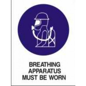 A signsofsafety workplace signage depicting a person wearing breathing apparatus, with the text "breathing apparatus must be worn" below on a white background.