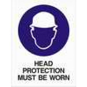 Safety sign with a blue circle containing a white symbol of a hard hat, and text below reading "head protection must be worn" is the MA08 Signs of Safety Mandatory Head Protection must Be Worn sign from signsofsafety.