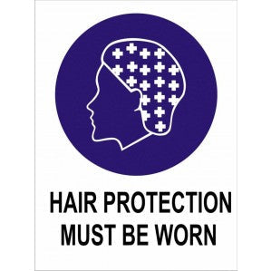 A signsofsafety MA13 Signs of Safety Mandatory Hair Protection Must Be Worn sign featuring a side profile of a head covered with a hairnet composed of puzzle pieces, inside a purple circle, with the text "hair protection must be worn" below.