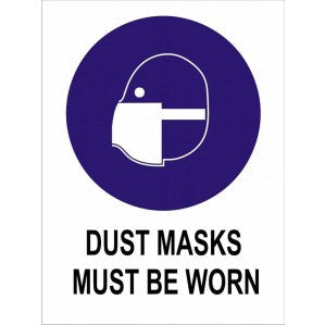 A signsofsafety safety sign with a purple circle featuring a white pictogram of a person wearing a protective dust mask, and text below in bold saying "dust masks must be worn".