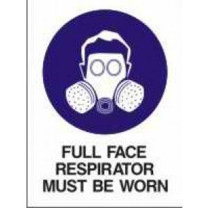 A signsofsafety safety sign made of self-adhesive vinyl featuring a white icon of a full face respirator on a purple circle, with text below stating "full face respirator must be worn.