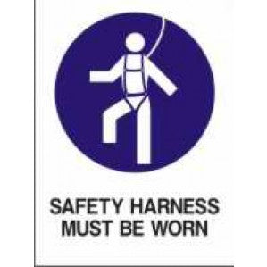 A signsofsafety MA36 Signs of Safety Mandatory Safety Harness Must Be Worn sign indicating "safety harness must be worn" with a graphic of a person wearing a harness inside a purple circle.