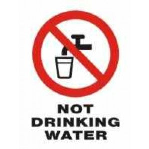 A sign featuring a red prohibition symbol over an image of a tap and a glass, with the text "not drinking water" indicating the water is not safe to drink, crafted from self-adhesive vinyl - PR03 Signs of Safety Prohibition Not Drinking Water sign by signsofsafety