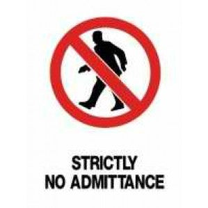 A sign featuring a red circle with a diagonal line over a black silhouette of a person walking, with the text "strictly no admittance" below, made of self-adhesive vinyl. 
would be:
A sign featuring a PR05 Signs of Safety Prohibition Strictly No Admittance sign, made by signsofsafety.