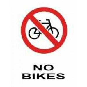 A sign featuring a red circle with a diagonal line over a black bicycle icon, accompanied by the text "no bikes" below in black lettering on a self-adhesive vinyl white background is the PR15 Signs of Safety Prohibition No Bikes Sign by signsofsafety.