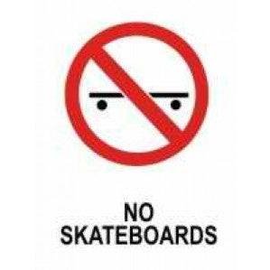 A signsofsafety PR16 Signs of Safety Prohibition No Skateboards Sign featuring a red circle with a red diagonal line over a black and white skateboard icon, crafted from self-adhesive vinyl, with the text "skateboards prohibited" displayed below it.