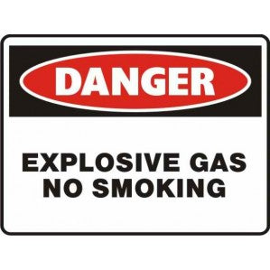 A rectangular signsofsafety Danger Explosive Gas No Smoking Sign made of self-adhesive vinyl with a red and white color scheme indicating "explosive gases no smoking".