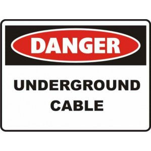 A rectangular warning sign with a red border and a red oval at the top saying "danger." Below, in bold letters on self-adhesive vinyl, are the words "underground cable" would be replaced with:
A rectangular PR30 Signs of Safety Danger Underground cables sign from the signsofsafety brand.