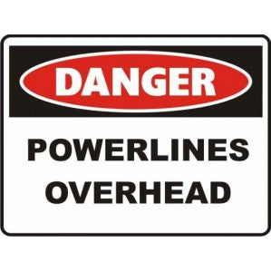 A rectangular PR49 Signs of Safety Danger Powerlines Overhead sign with a bold red oval at the top labeled "danger," and black text below on a white field reading "overhead powerlines" by signsofsafety.