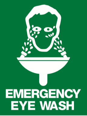 A graphic of a white EM40 Signs of safety Emergency Eye Wash sign icon on a green background, featuring a face being splashed by water from a basin, with "Emergency Eye Wash" text below.