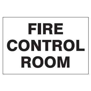 White EM76 Signs of Safety Fire Control Room sign from signsofsafety with bold, black text stating "fire control room". The text is centered on self-adhesive vinyl and clearly legible, designed for easy visibility and readability.