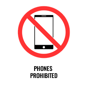 A graphic symbol featuring a Signs of Safety mobile phone encased in a red circle with a diagonal line, indicating "phones prohibited." Below the symbol, text reinforces the message on self-adhesive vinyl.