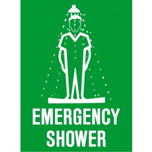 A graphic of a person standing under an EM41 Signs of Safety Emergency Shower sign with water spraying down, depicted on a bright green background with the text 