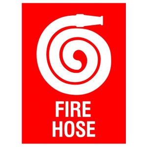 A red sign made of self-adhesive vinyl, featuring a white illustration of a coiled EM64 Signs of Safety fire hose and the words "fire hose" printed in white at the bottom.