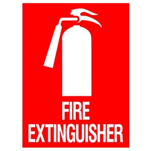 A graphic image of a EM65 Signs of Safety Fire Extinguisher signs icon on a red background, with the words 