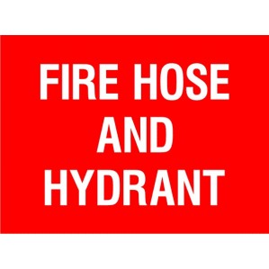 A bold red sign with white text that reads "EM66 Signs of Safety Fire Hose and Hydrant," categorized as emergency signage by signsofsafety.
