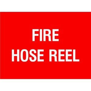 A vibrant red self-adhesive sticker with bold white lettering stating "EM67 Signs of Safety Fire Hose Reel signs." The text is centered and covers most of the sticker's surface.