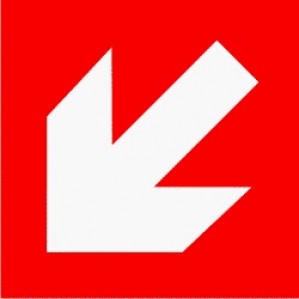 White angular EM79 Signs of Safety emergency directional arrow sign pointing downwards on a red background by signsofsafety.