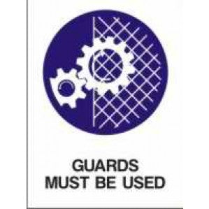 A signsofsafety safety signage featuring a purple circle with white gear icons and a mesh pattern, accompanied by the text "guards must be used" at the bottom.
