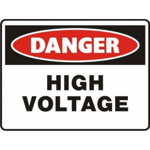 A rectangular danger sign with a red and white color scheme, featuring the word "danger" in bold red letters on top and "high voltage" in black letters below on a white, self-adhesive PR18 Signs of Safety Danger High Voltage Sign by signsofsafety.