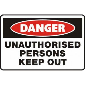 A rectangular sign with a bold red and white color scheme featuring the word 